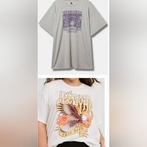 2 NWOT Torrid Graphic Tees - Lynyrd Skynyrd & Woodstock, SZ 1X Gray and White